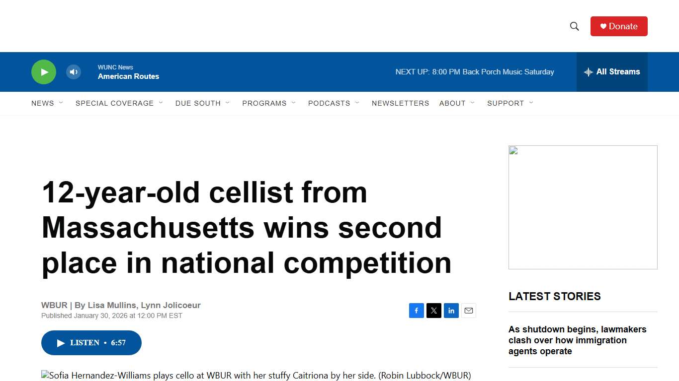 12-year-old cellist from Massachusetts wins second place in national competition WUNC News